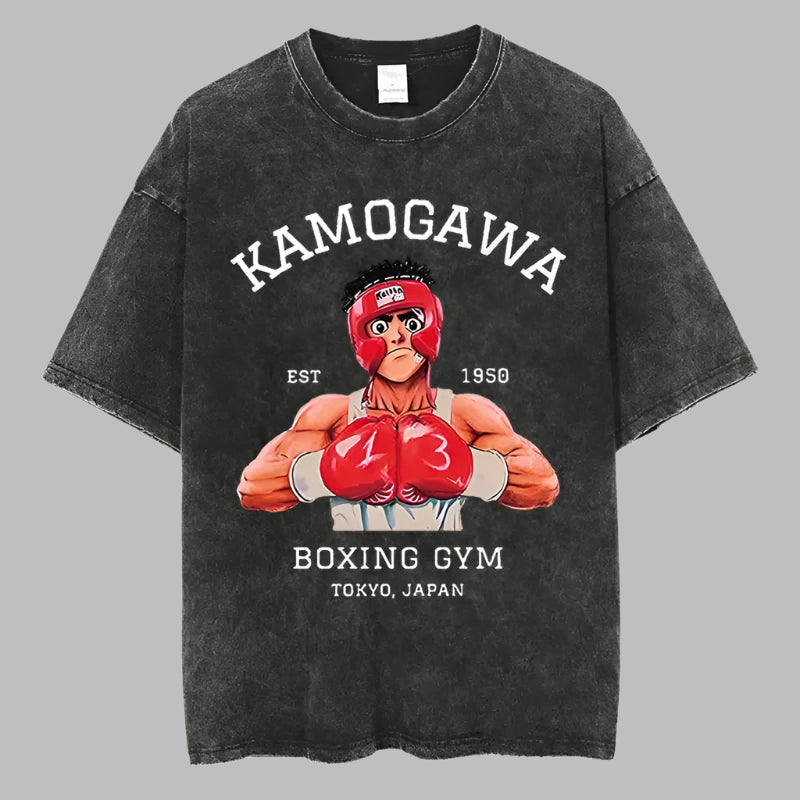 Kamogawa boxing gym t shirt in washed grey with boxer in ref equipment on the front